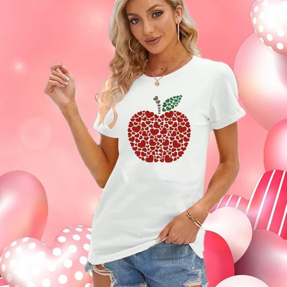 White T-Shirt with Red Heart Apple Design size S Valentine’s Day - Picture 2 of 4